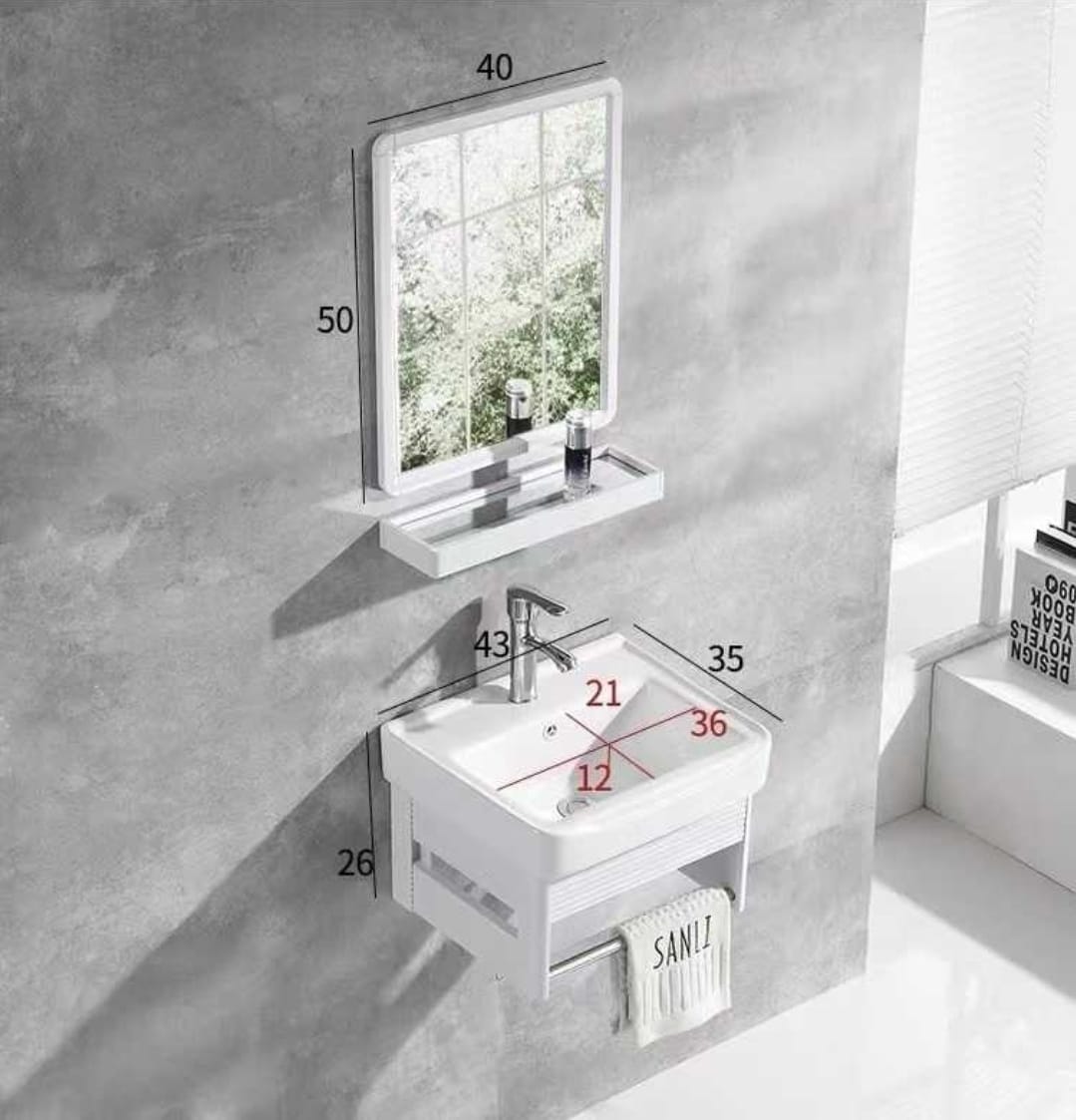 Ensemble Lave-Mains Suspendu Compact 43 cm Blanc avec Miroir, Étagère et Porte-Serviette