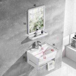 Ensemble Lave-Mains Suspendu Compact 51 cm Blanc avec Miroir, Étagère et Porte-Serviette