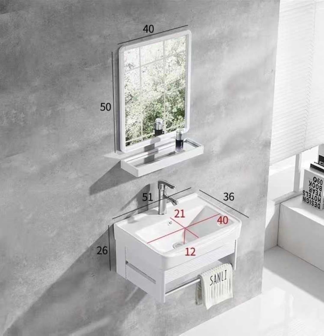Ensemble Lave-Mains Suspendu Compact 51 cm Blanc avec Miroir, Étagère et Porte-Serviette
