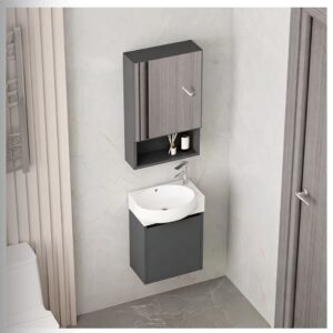 Ensemble Lave-Mains Suspendu Ultra-Compact 40 cm (Modèle 2031) - Gris Foncé avec Armoire de Toilette