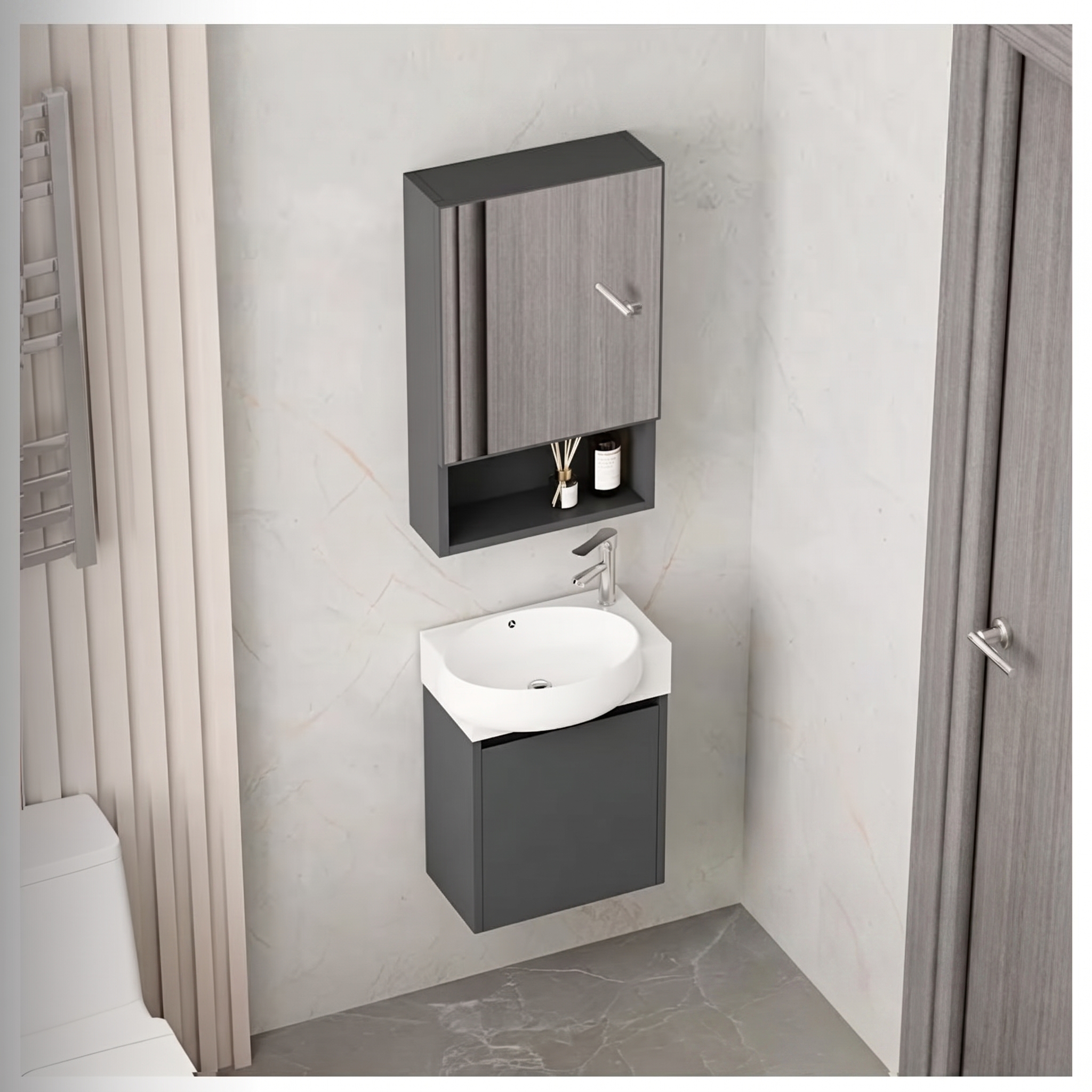 Ensemble Lave-Mains Suspendu Ultra-Compact 40 cm (Modèle 2031) - Gris Foncé avec Armoire de Toilette