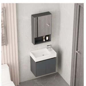 Ensemble Lave-Mains Suspendu Compact 50 cm (Modèle 2031) - Gris Foncé avec Armoire de Toilette