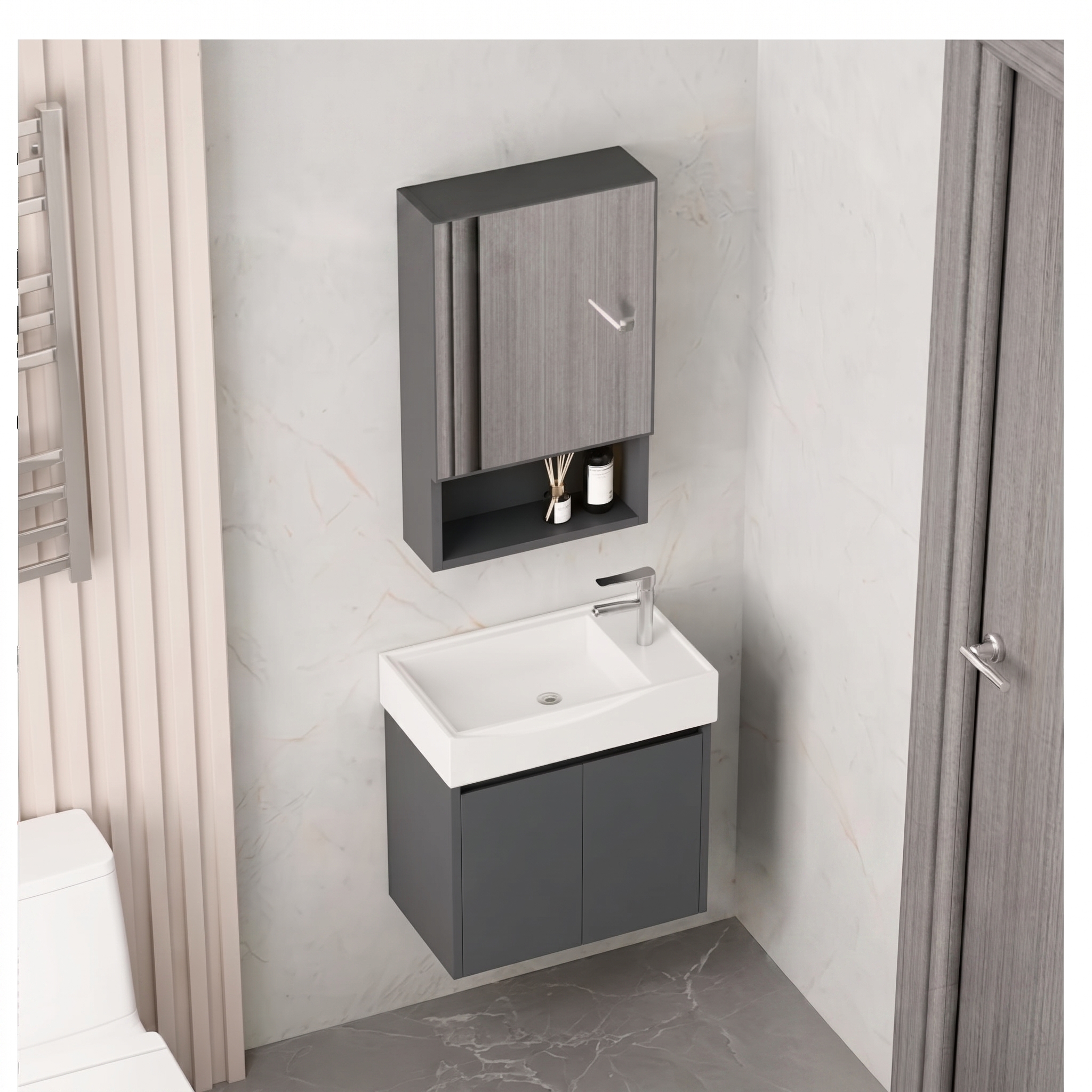 Ensemble Lave-Mains Suspendu Compact 50 cm (Modèle 2031) - Gris Foncé avec Armoire de Toilette