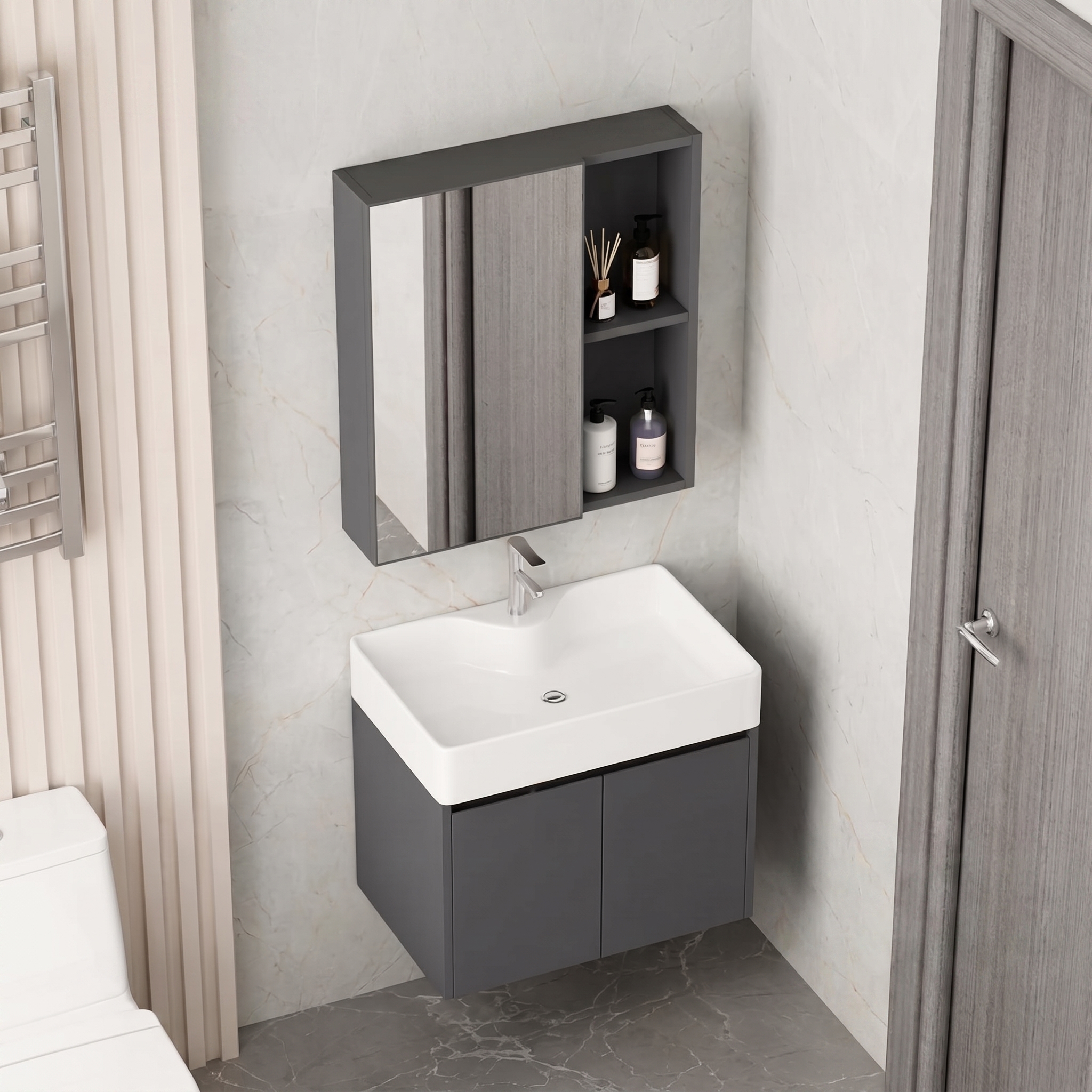 Ensemble Meuble Vasque Suspendu 60 cm (Modèle 2031) - Gris Foncé avec Armoire de Toilette et Étagères