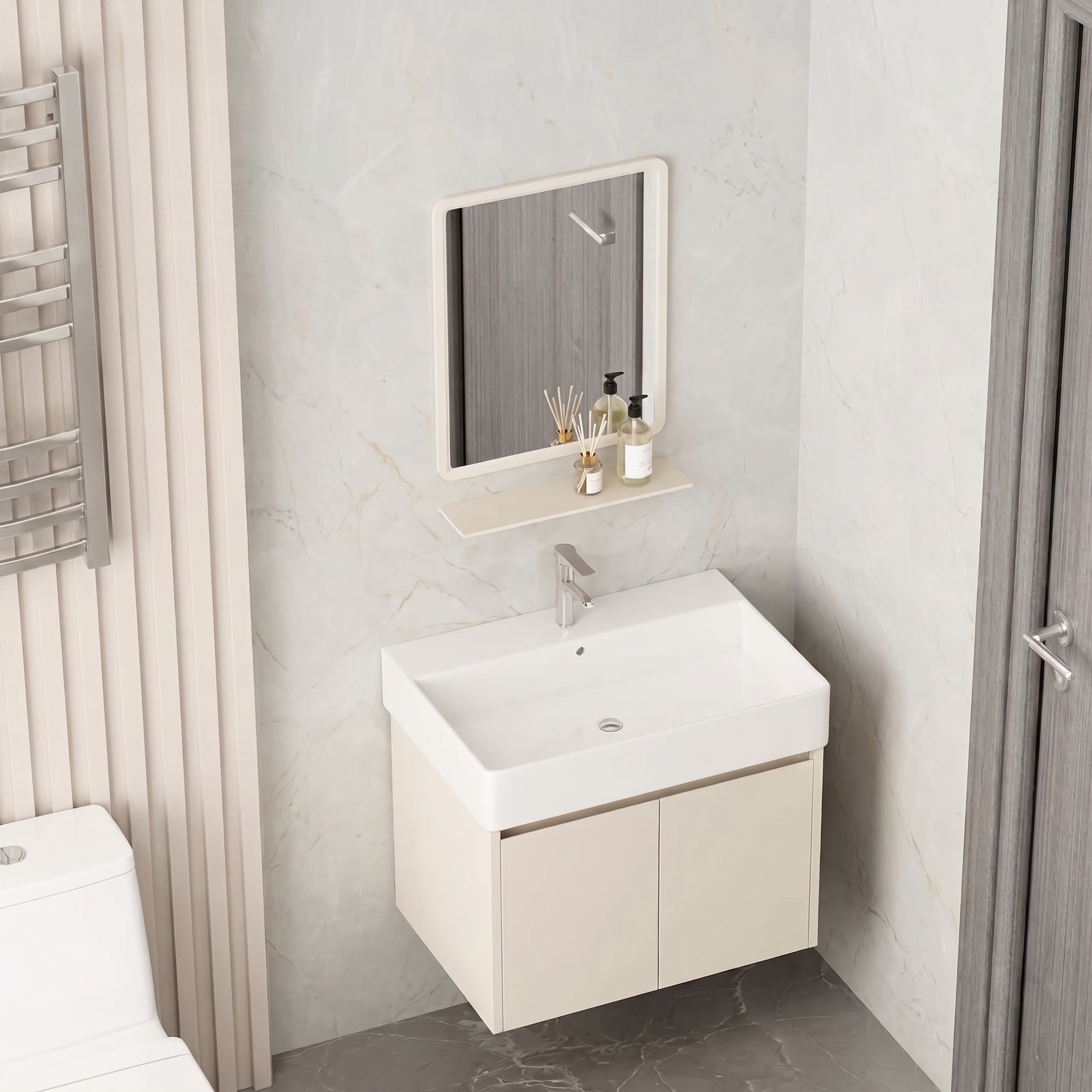Ensemble Meuble de Salle de Bain Suspendu avec Lavabo et Miroir - Modèle 2032 (Kaki)