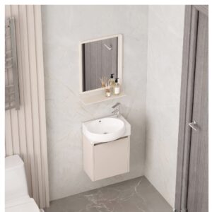 Ensemble Meuble Lave-Mains Suspendu Compact avec Vasque Ronde et Miroir - Modèle 2032 (Kaki)