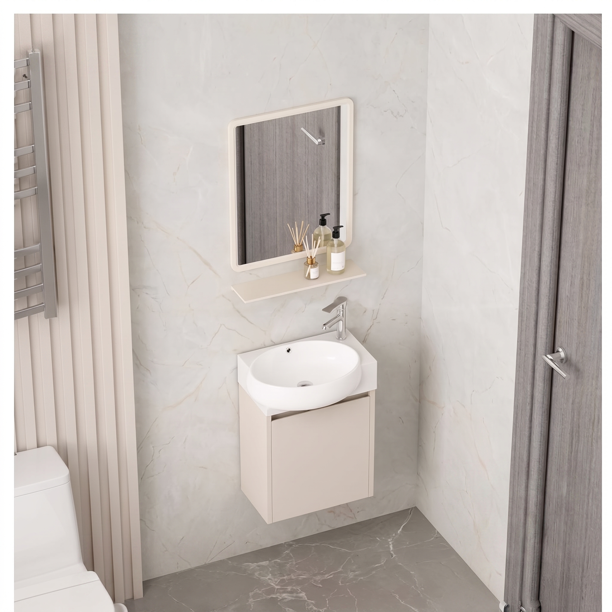 Ensemble Meuble Lave-Mains Suspendu Compact avec Vasque Ronde et Miroir - Modèle 2032 (Kaki)
