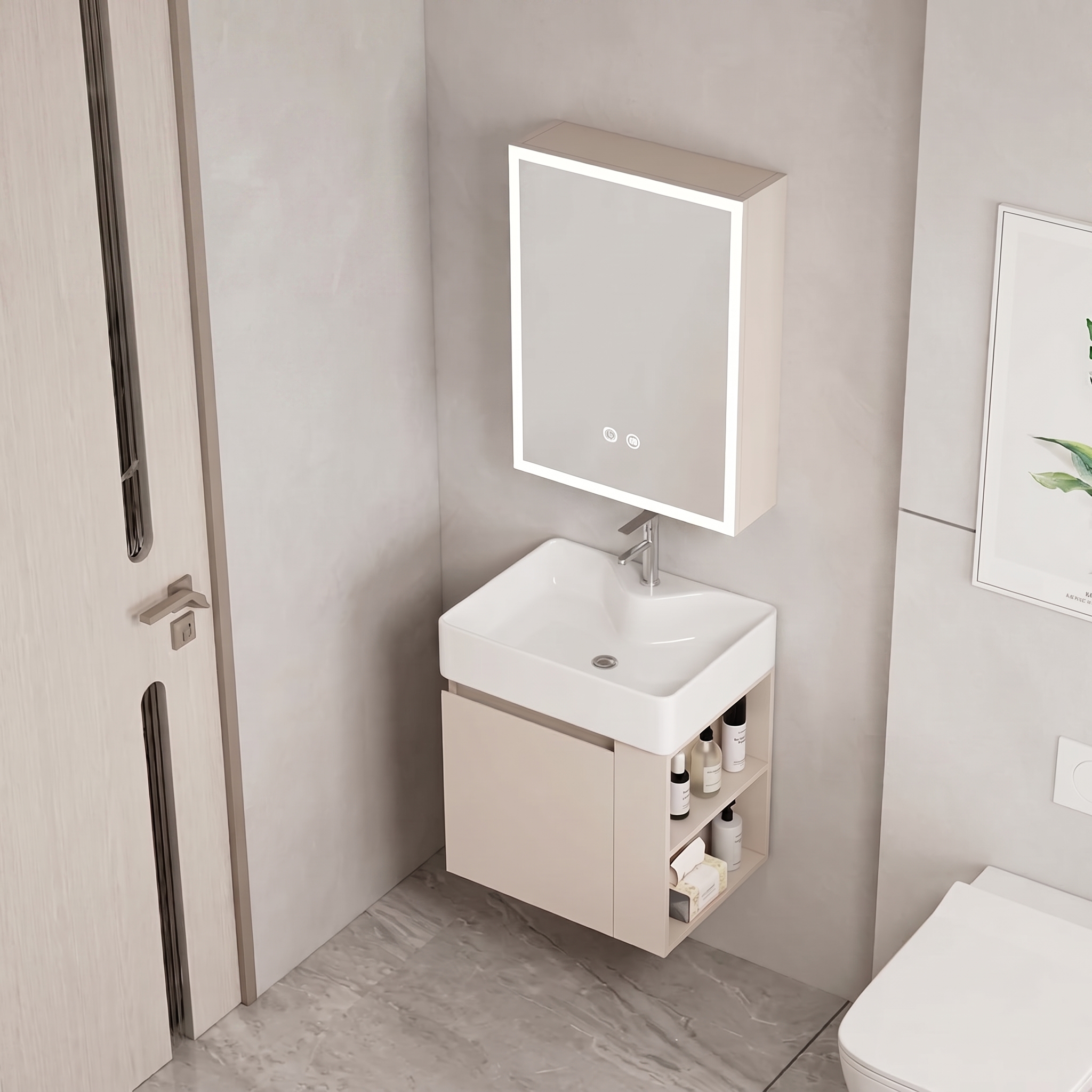Ensemble Meuble de Salle de Bain Suspendu avec Armoire Miroir LED - Modèle 2032 (Kaki)