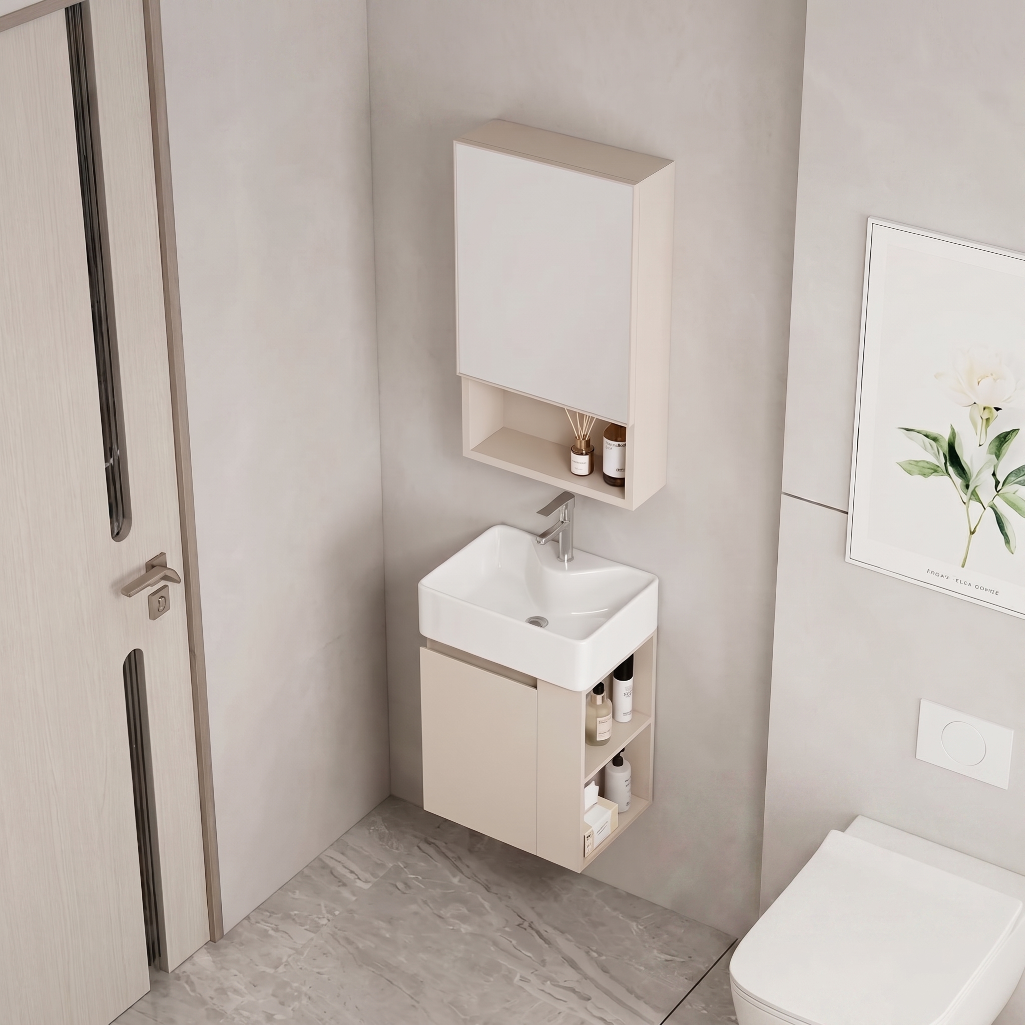 Ensemble Meuble Lave-Mains Suspendu Ultra-Compact avec Armoire de Toilette - Modèle 2032 (Kaki)