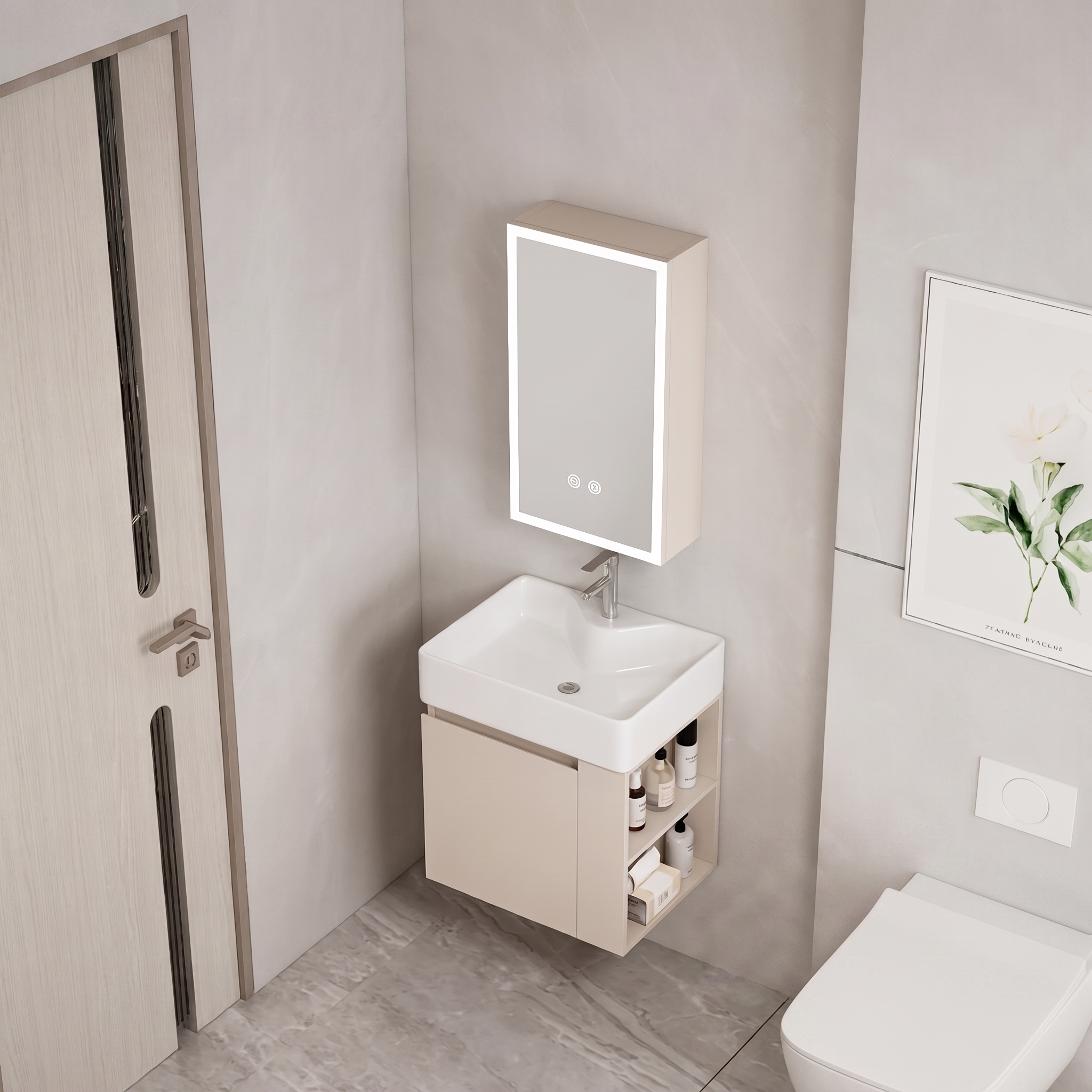 Ensemble Meuble Lave-Mains Suspendu Compact avec Armoire Miroir LED - Modèle 2032 (Kaki)