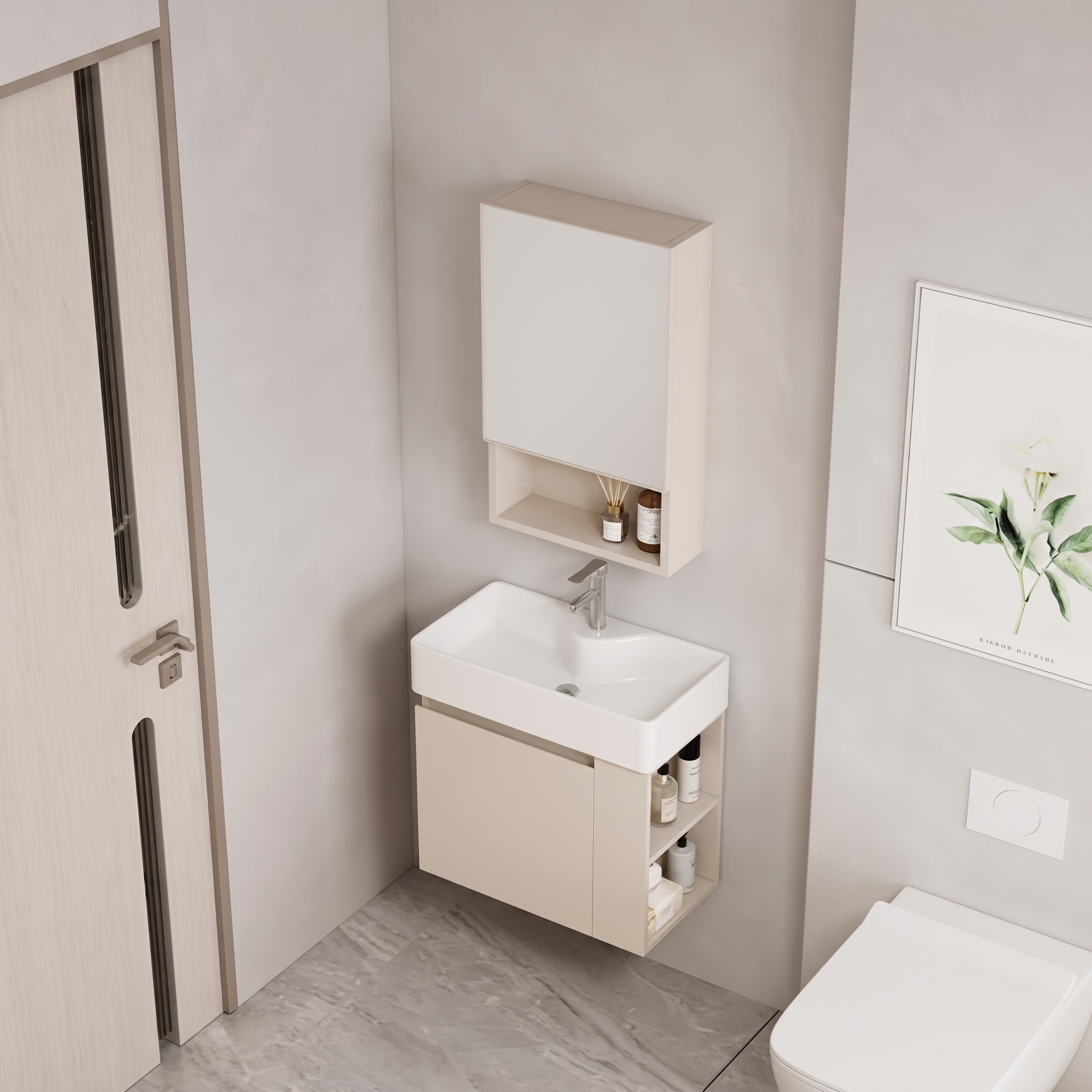 Ensemble Meuble de Salle de Bain Suspendu Compact avec Armoire de Toilette - Modèle 2032 (Kaki)