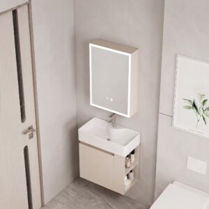 Ensemble Meuble de Salle de Bain Suspendu Compact avec Armoire de Toilette Miroir LED - Modèle 2032 (Kaki)