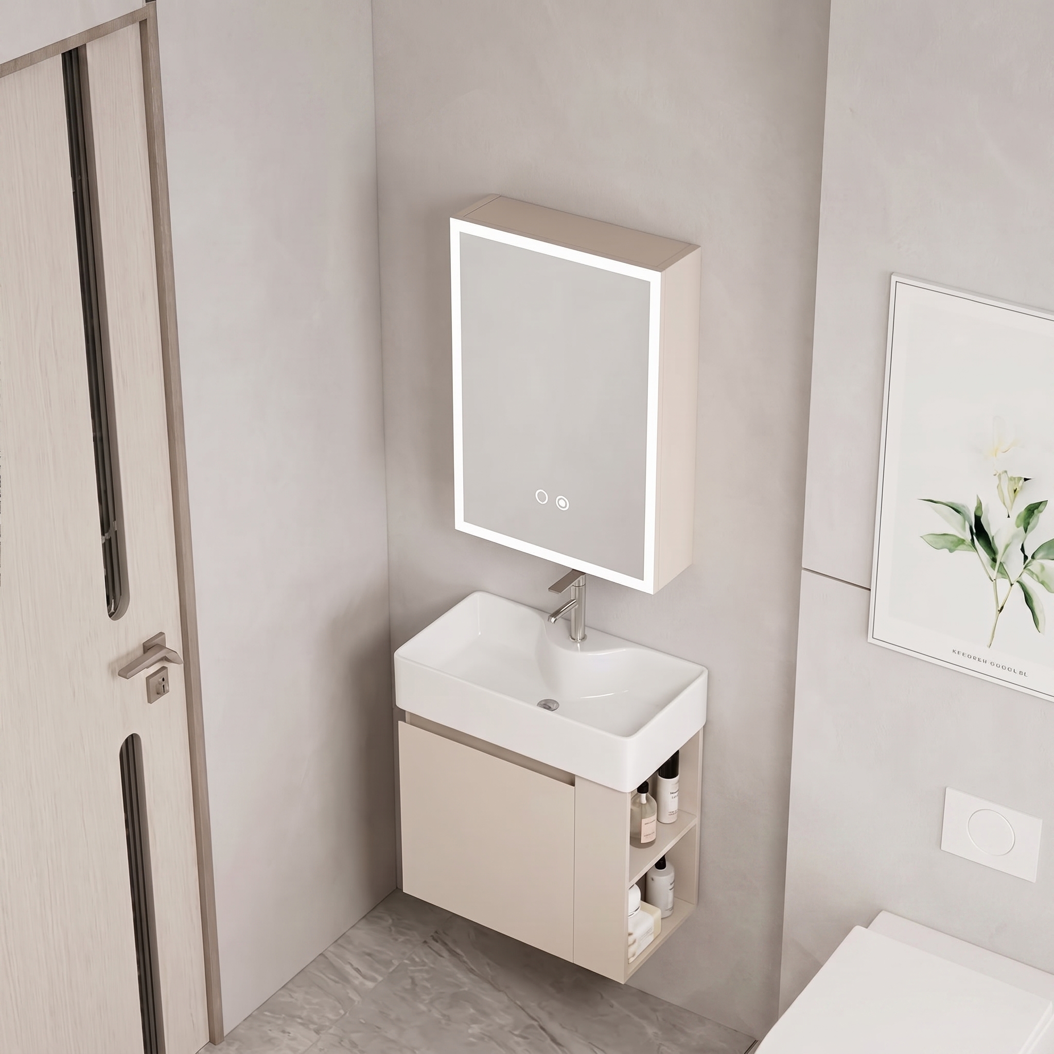 Ensemble Meuble de Salle de Bain Suspendu Compact avec Armoire de Toilette Miroir LED - Modèle 2032 (Kaki)