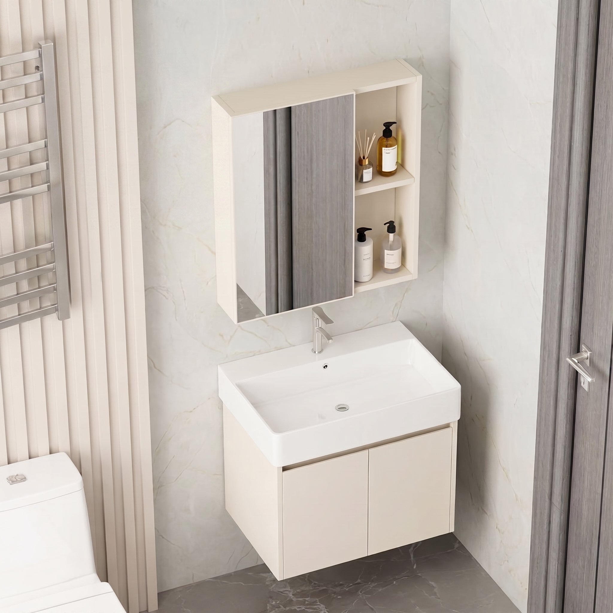 Ensemble Meuble de Salle de Bain Suspendu avec Armoire de Toilette et Lavabo - Modèle 2032 (Kaki)