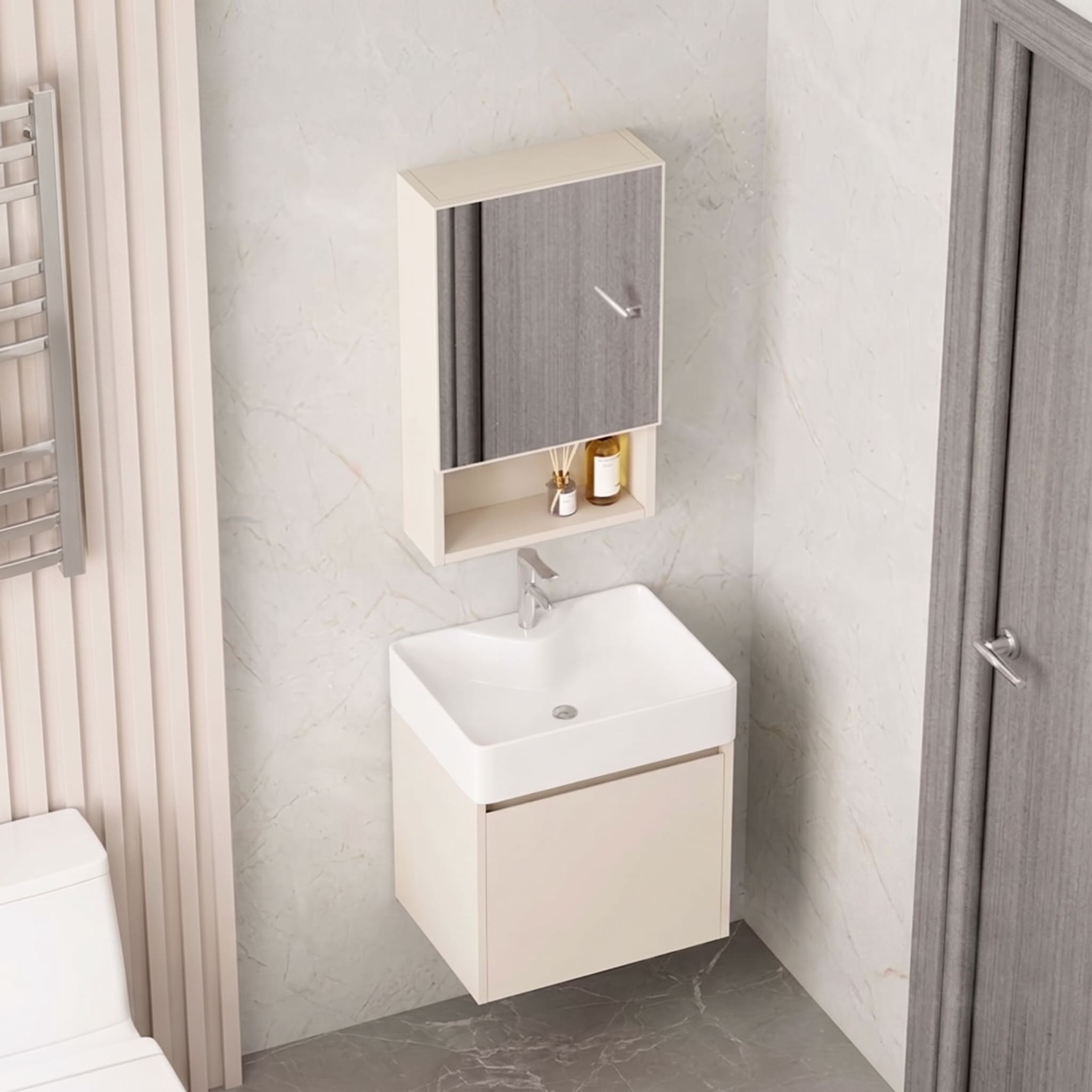 Ensemble Meuble de Salle de Bain Suspendu Compact avec Armoire Miroir - Modèle 2032 (Kaki)