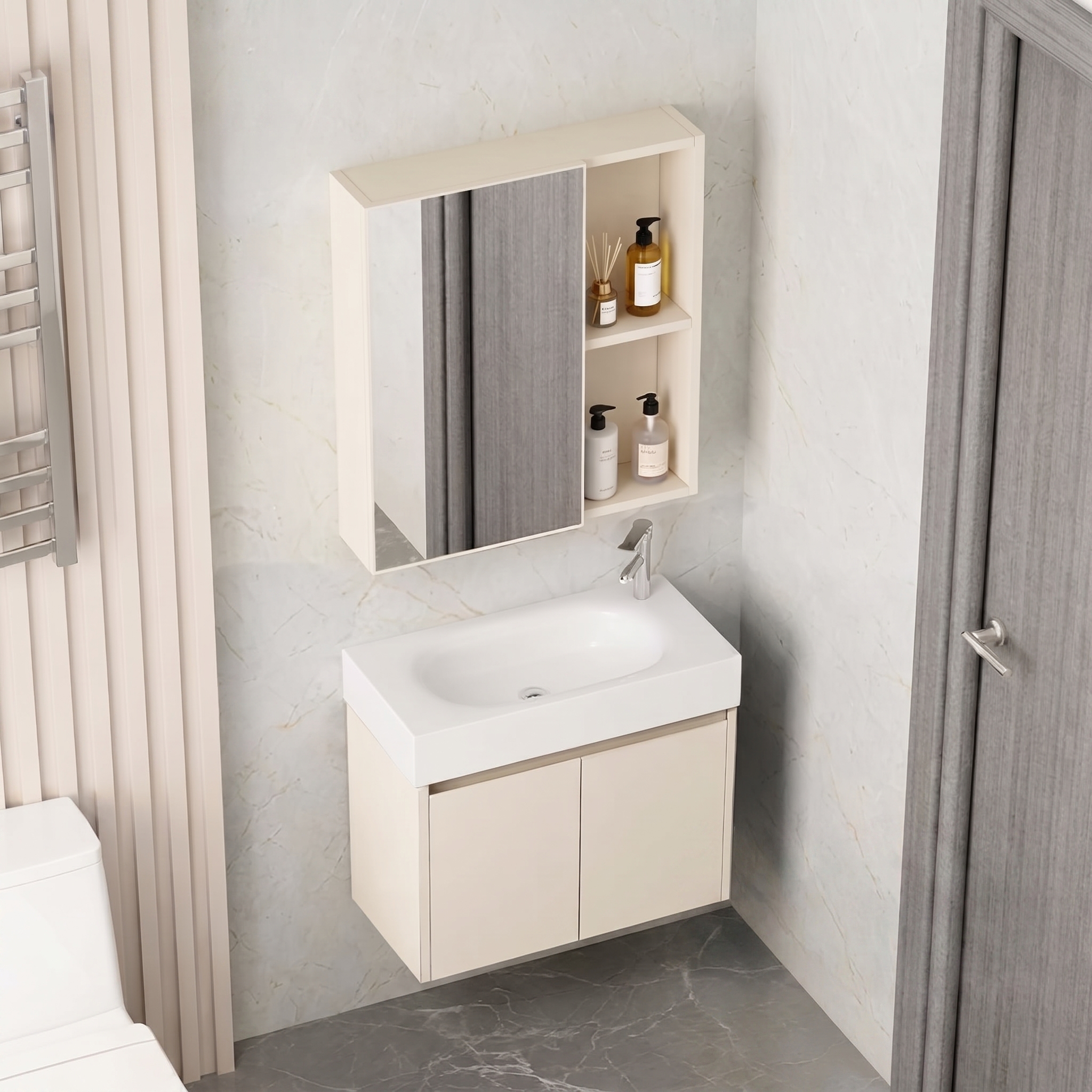 Ensemble Meuble de Salle de Bain Suspendu avec Armoire à Glace - Modèle 2032 (Kaki)
