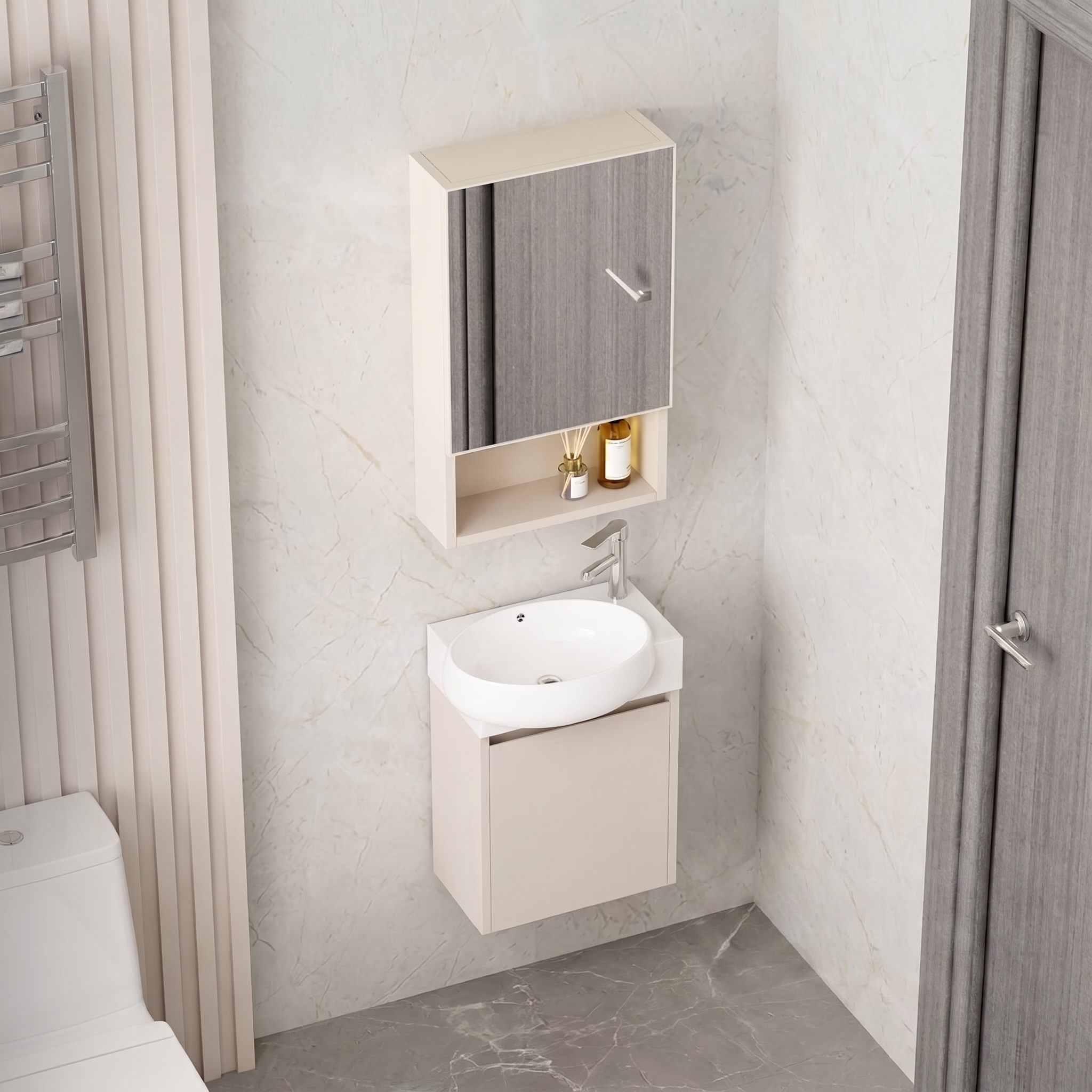 Ensemble Meuble Lave-Mains Suspendu Compact avec Vasque Ronde et Armoire de Toilette - Modèle 2032 (Kaki)