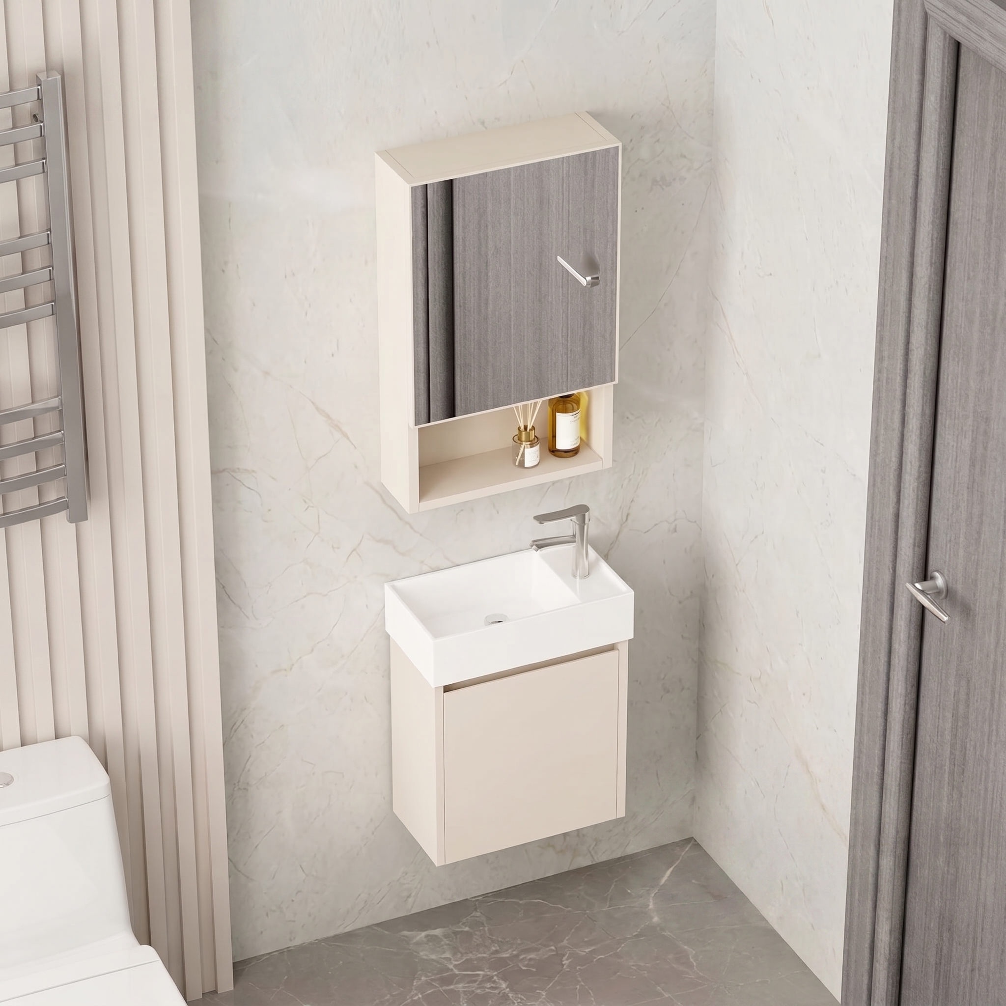 Ensemble Meuble Lave-Mains Suspendu Ultra-Compact avec Armoire de Toilette - Modèle 2032 (Kaki)