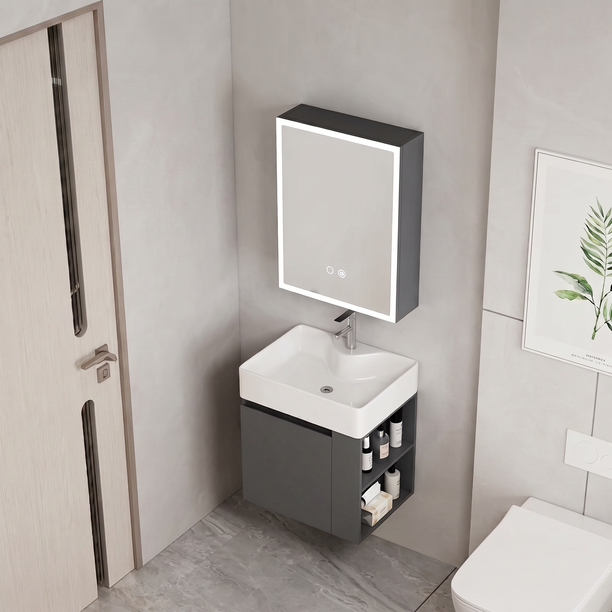 Ensemble Meuble de Salle de Bain Suspendu avec Armoire Miroir LED - Modèle 2031 (Gris Foncé)