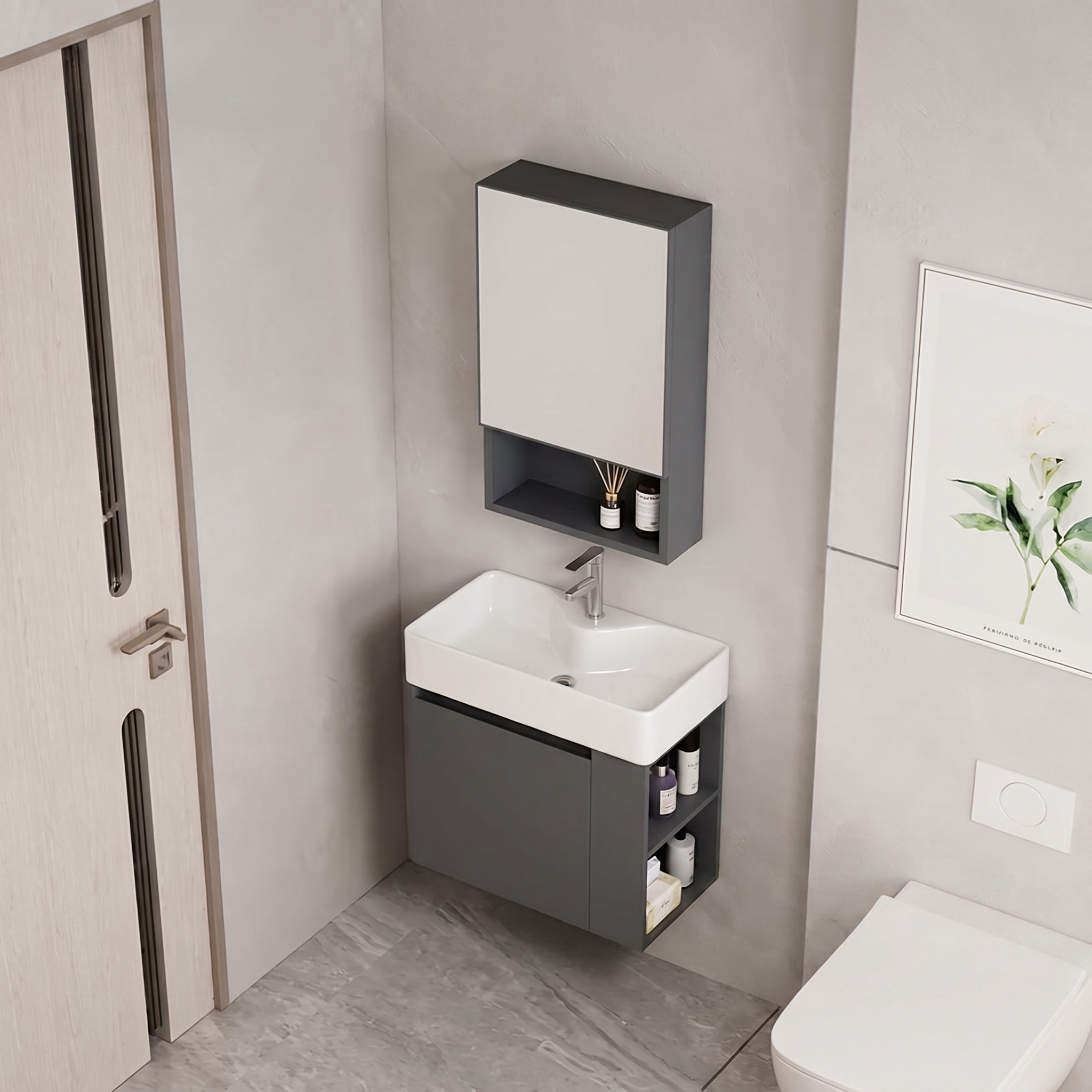 Ensemble Meuble de Salle de Bain Suspendu Compact avec Armoire Miroir - Modèle 2031 (Gris Foncé)