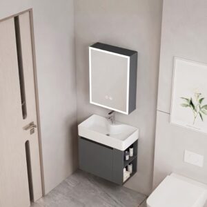 Ensemble Meuble de Salle de Bain Suspendu Compact avec Armoire de Toilette Miroir LED - Modèle 2031 (Gris Foncé)
