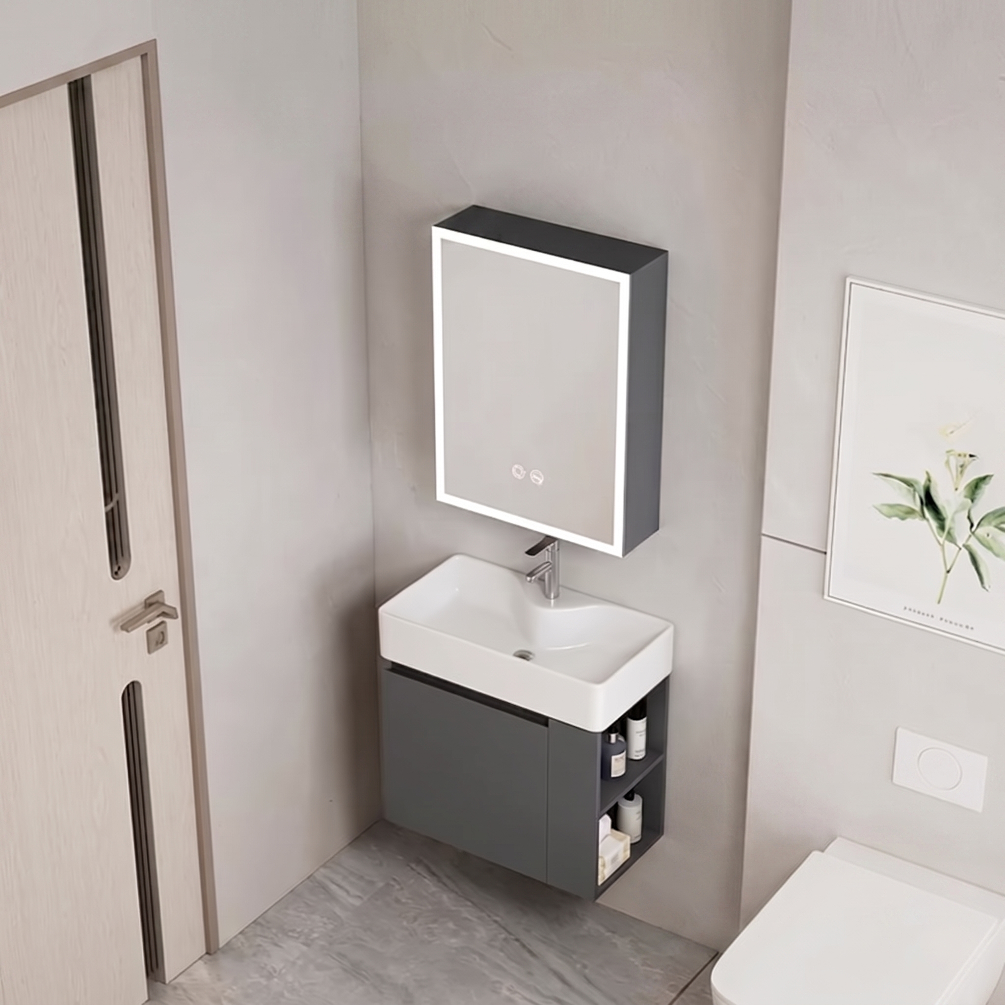 Ensemble Meuble de Salle de Bain Suspendu Compact avec Armoire de Toilette Miroir LED - Modèle 2031 (Gris Foncé)