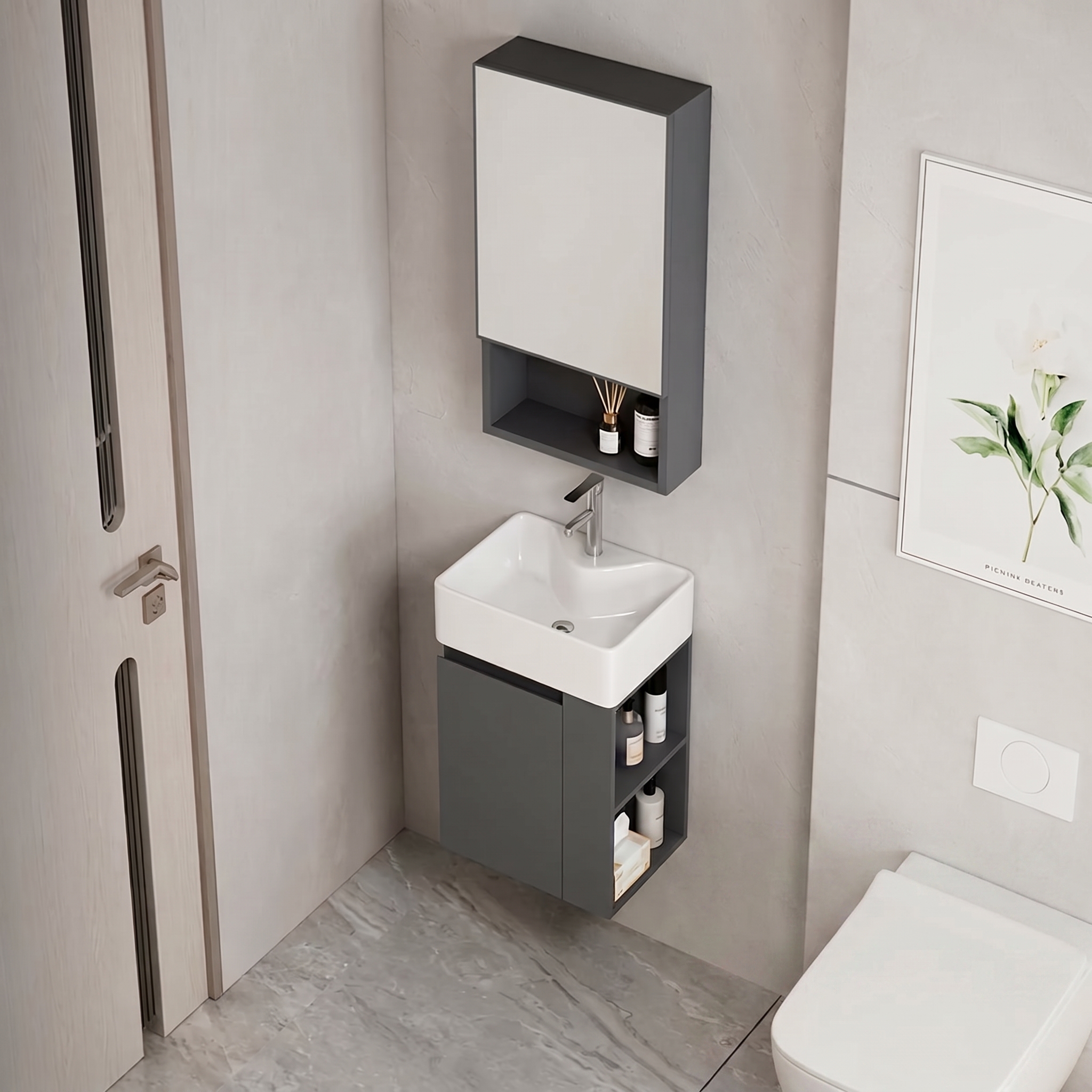Ensemble Meuble Lave-Mains Suspendu Ultra-Compact avec Armoire à Miroir (Gris Foncé)