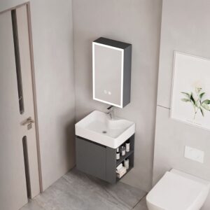 Ensemble Meuble Lave-Mains Suspendu Compact avec Armoire Miroir LED - Modèle 2031 (Gris Foncé)