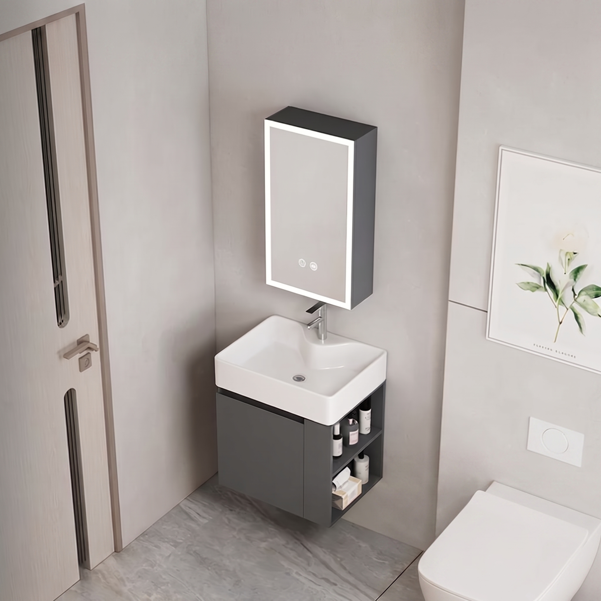 Ensemble Meuble Lave-Mains Suspendu Compact avec Armoire Miroir LED - Modèle 2031 (Gris Foncé)
