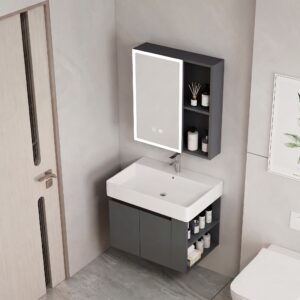 Ensemble Meuble de Salle de Bain Suspendu avec Armoire Miroir LED et Étagères Ouvertes - Modèle 2031 (Gris Foncé)