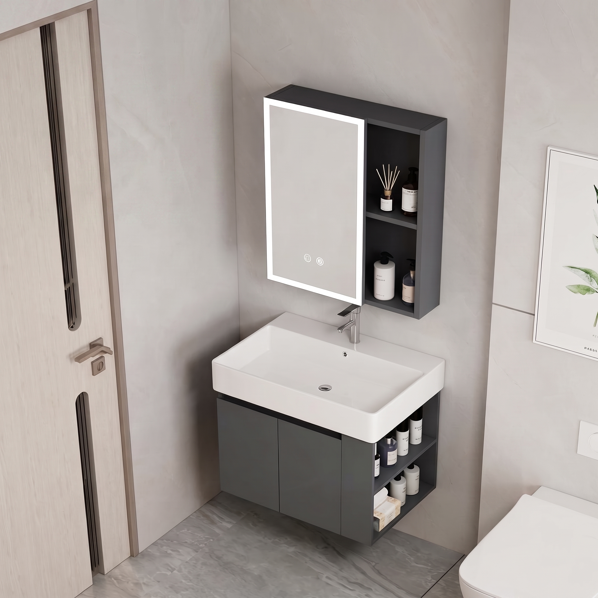 Ensemble Meuble de Salle de Bain Suspendu avec Armoire Miroir LED et Étagères Ouvertes - Modèle 2031 (Gris Foncé)