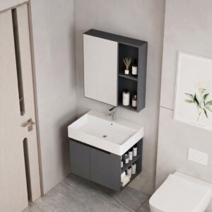 Ensemble Meuble de Salle de Bain Suspendu avec Armoire de Toilette et Étagères Ouvertes - Modèle 2031 (Gris Foncé)