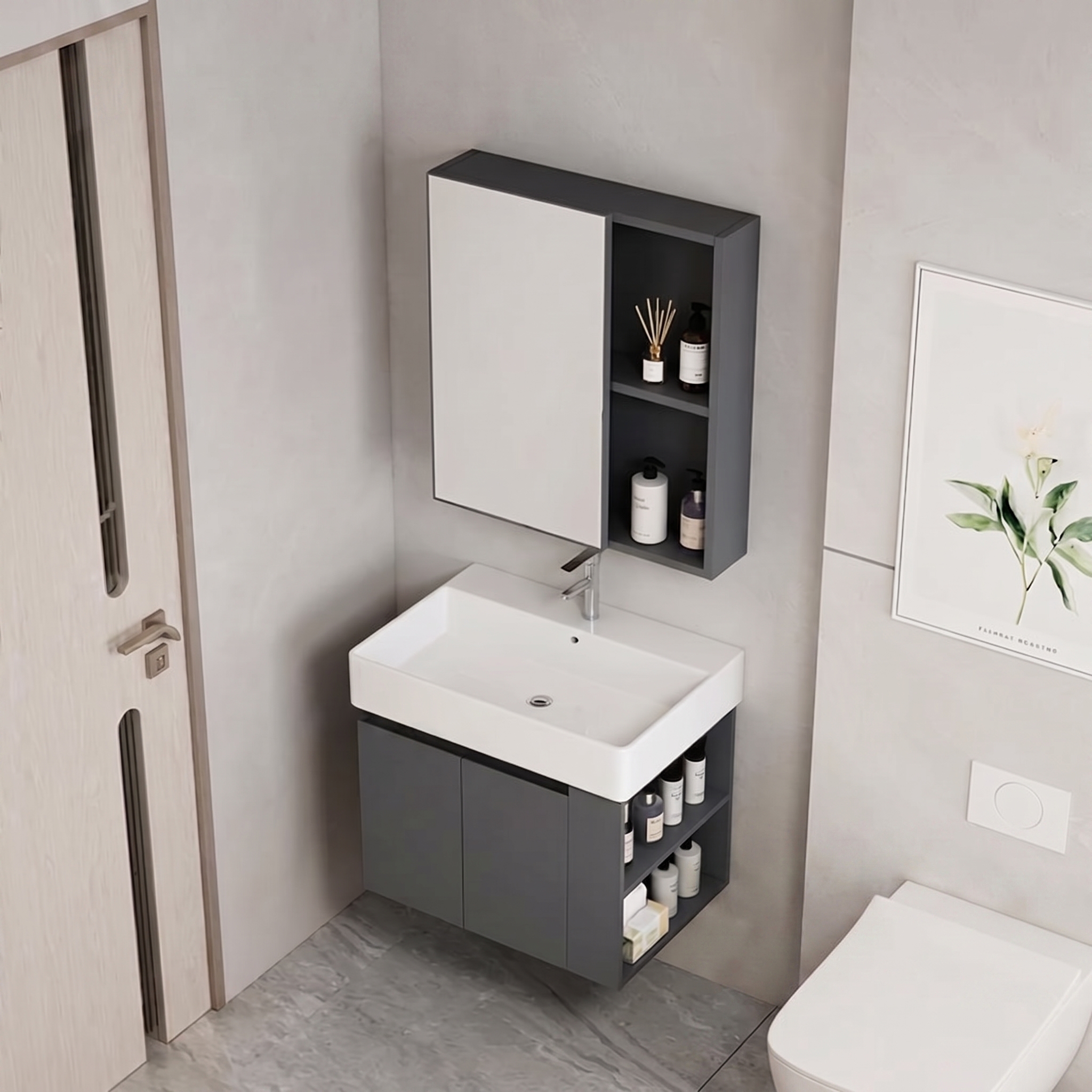 Ensemble Meuble de Salle de Bain Suspendu avec Armoire de Toilette et Étagères Ouvertes - Modèle 2031 (Gris Foncé)