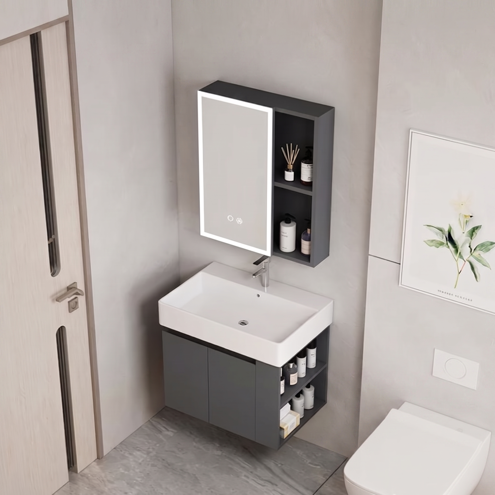 Ensemble Meuble de Salle de Bain Suspendu avec Armoire Miroir LED et Étagères - Modèle 2031 (Gris Foncé)
