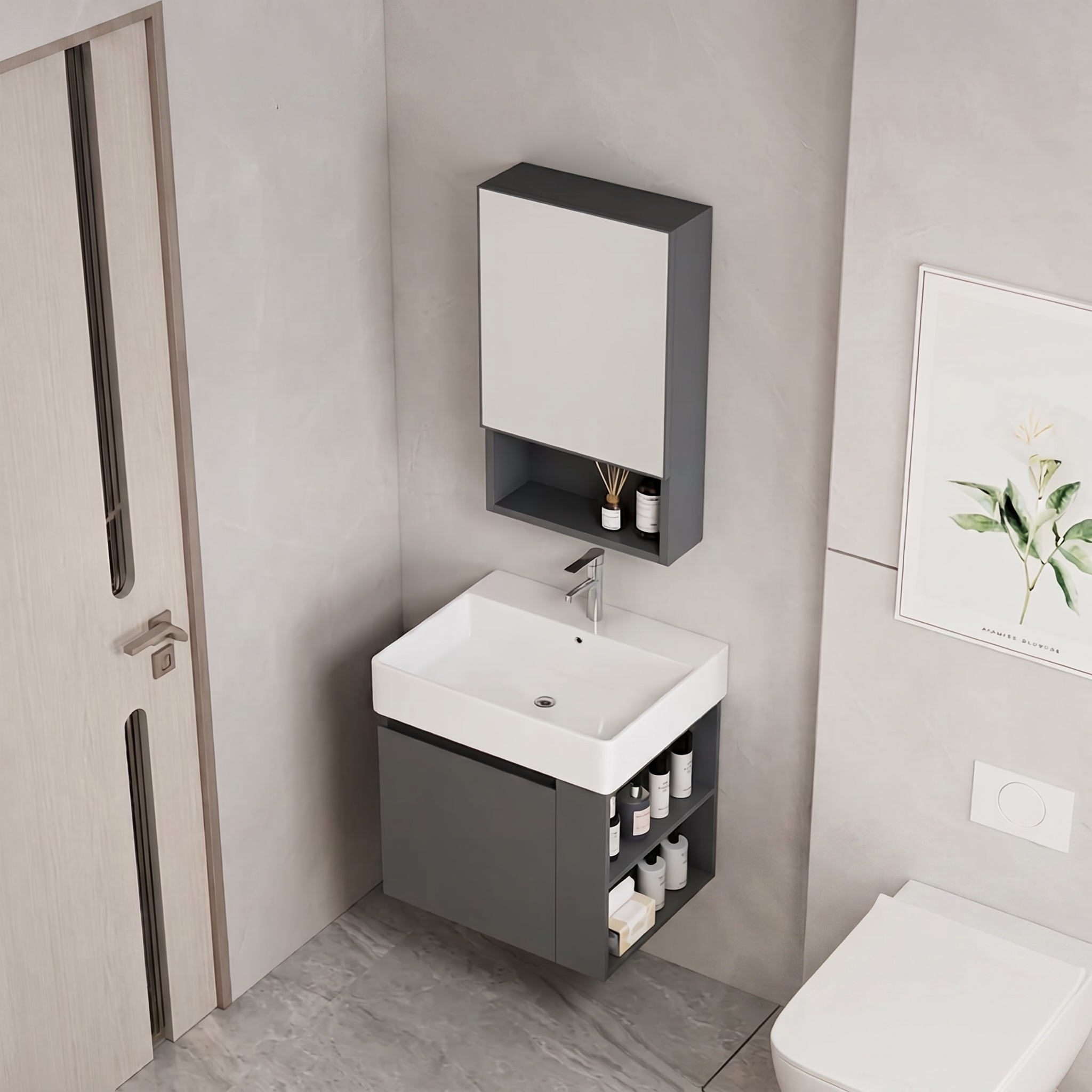 Ensemble Meuble de Salle de Bain Suspendu Compact avec Armoire de Toilette - Modèle 2031 (Gris Foncé)