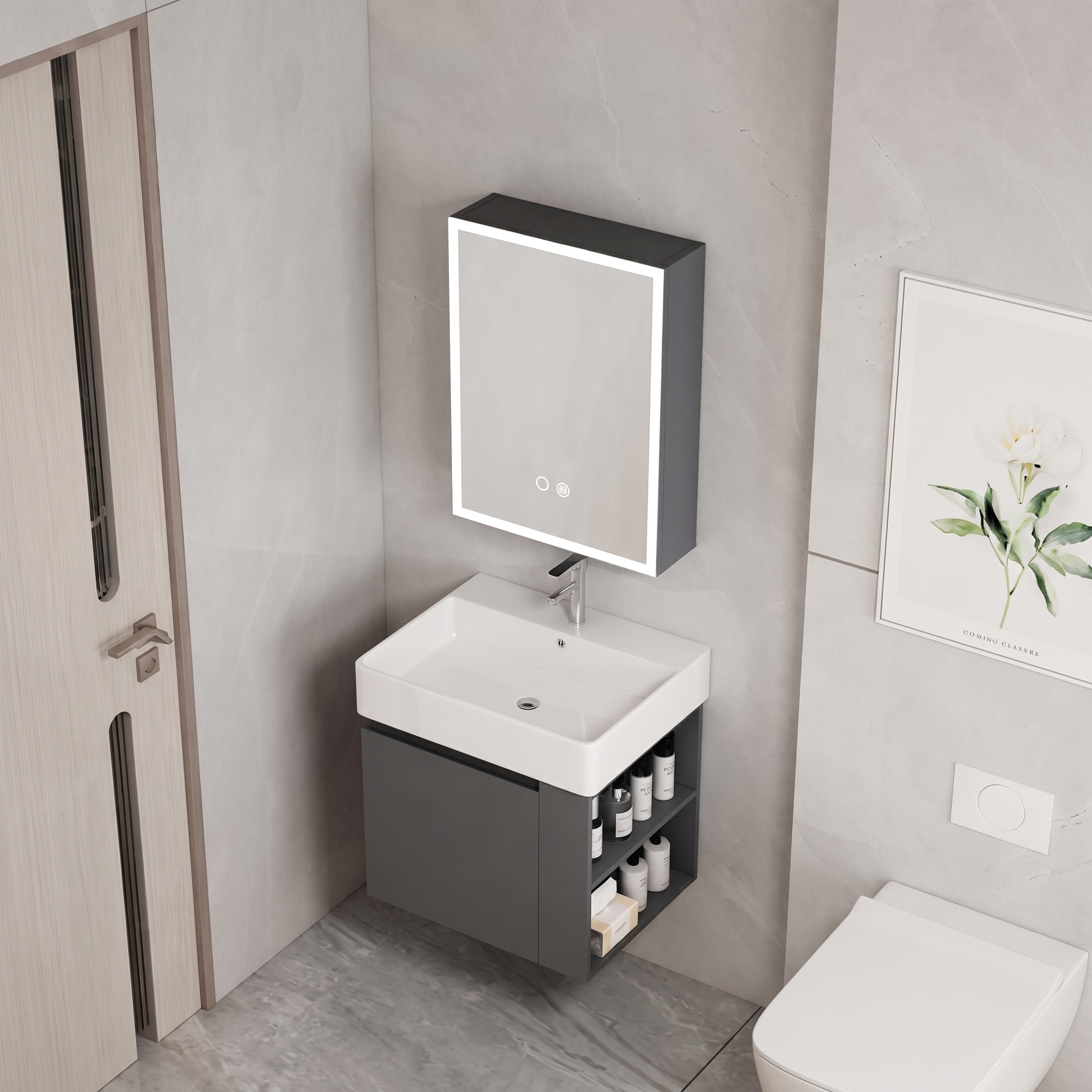 Ensemble Meuble de Salle de Bain Suspendu avec Armoire Miroir LED - Modèle 2031 (Gris Foncé)