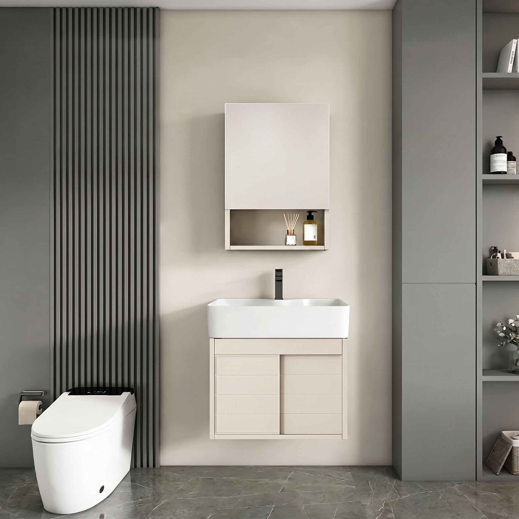 Pack Ensemble Meuble de Salle de Bain Suspendu à Portes Coulissantes avec Armoire de Toilette - Modèle 01 (Kaki)