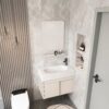 Pack Ensemble Meuble de Salle de Bain Suspendu Compact à Portes Coulissantes avec Miroir et Étagère - Modèle 01 (Beige)