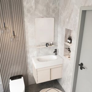 Ensemble Meuble de Salle de Bain Suspendu Compact à Portes Coulissantes avec Miroir et Étagère - Modèle 01 (Beige)