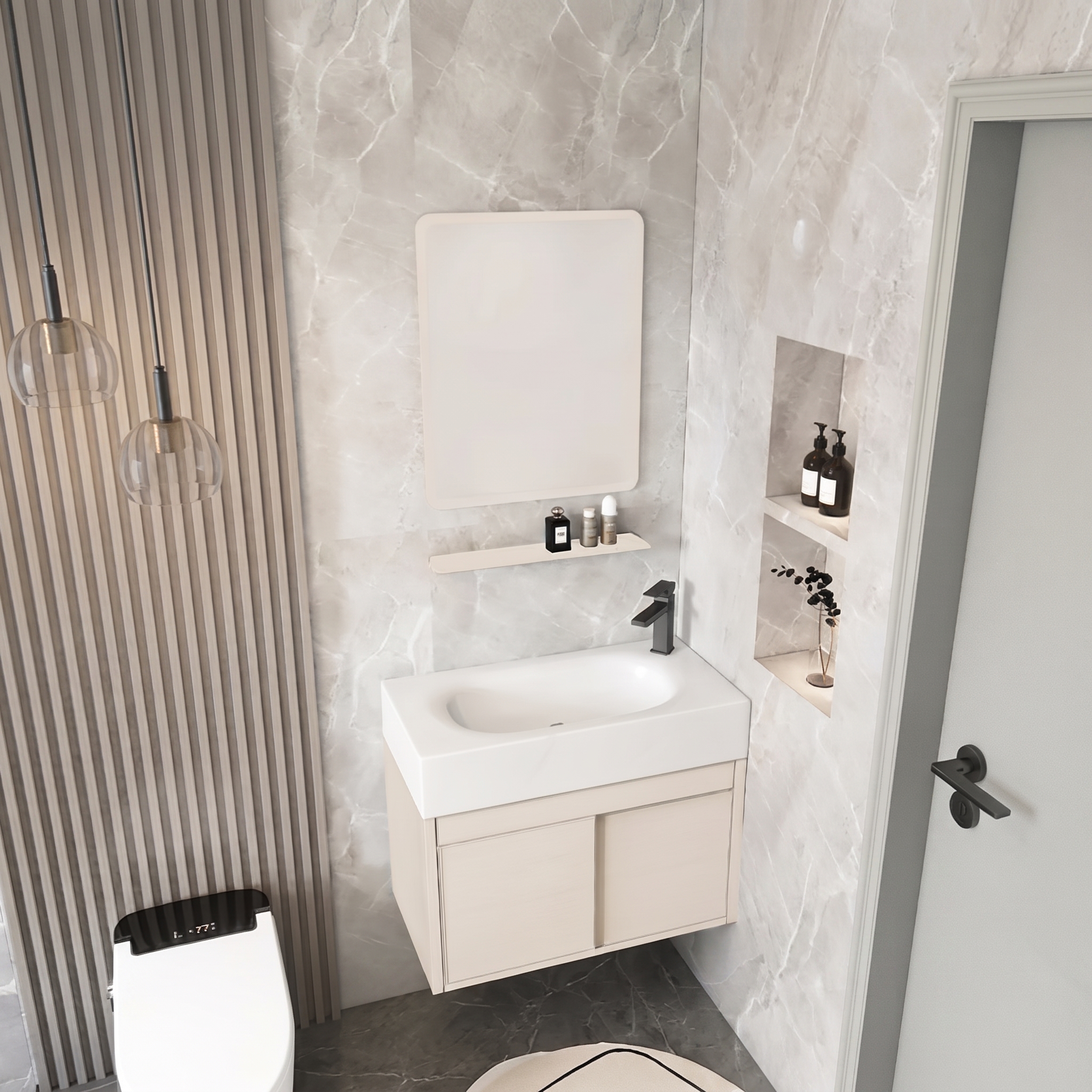 Pack Ensemble Meuble de Salle de Bain Suspendu Compact à Portes Coulissantes avec Miroir et Étagère - Modèle 01 (Beige)