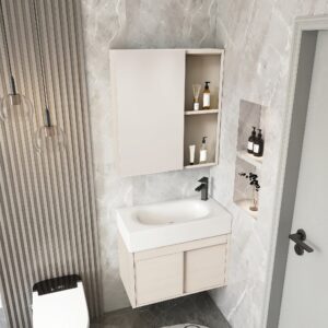 Ensemble Meuble de Salle de Bain Suspendu Compact à Portes Coulissantes avec Armoire de Toilette - Modèle 01 (Beige)