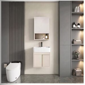 Ensemble Meuble de Salle de Bain Suspendu Ultra-Compact à Portes Coulissantes avec Armoire de Toilette - Modèle 01 (Khaki)
