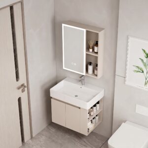 Ensemble Meuble de Salle de Bain Suspendu avec Armoire Miroir LED et Étagères Ouvertes - Modèle 2032 (Kaki)