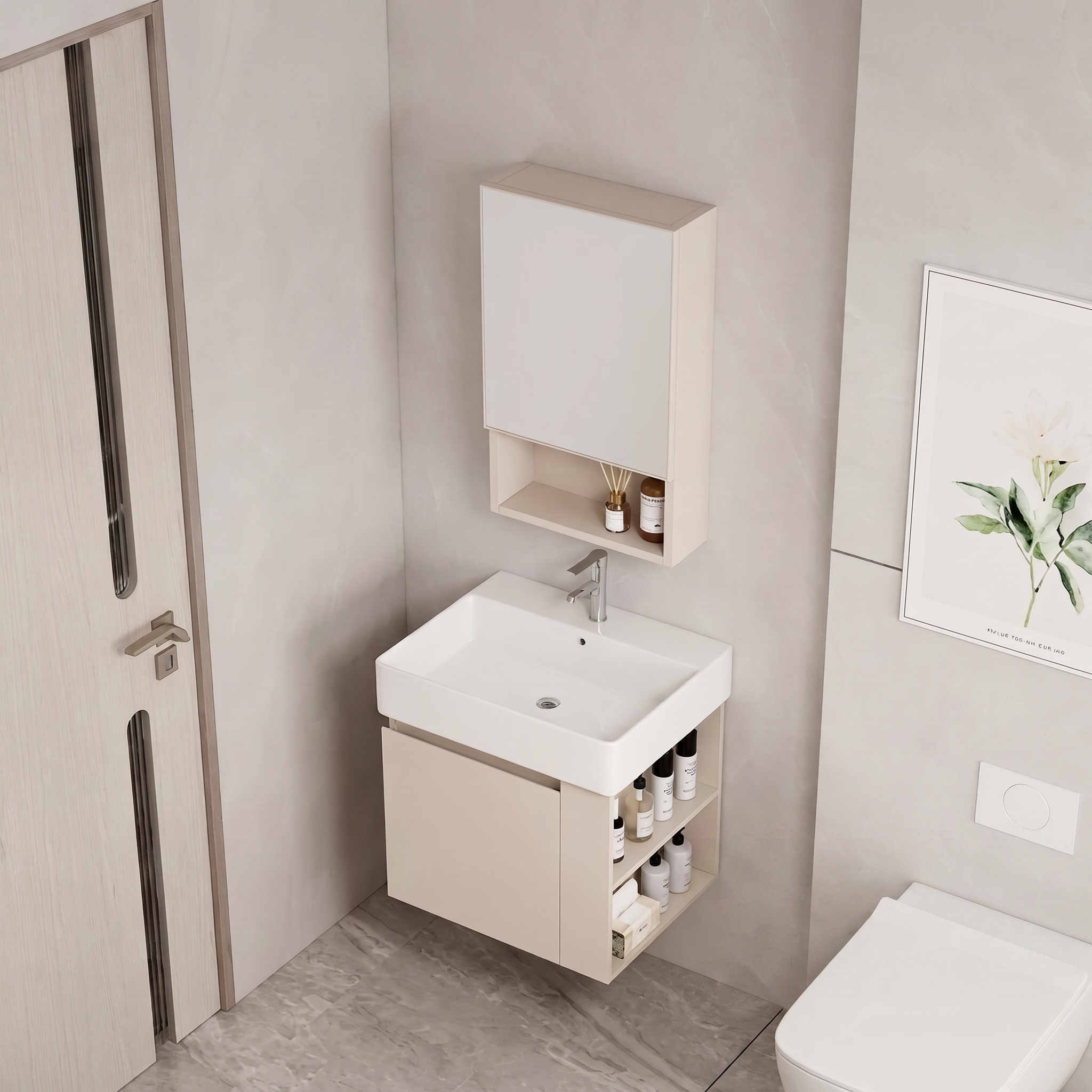 Pack Ensemble Meuble de Salle de Bain Suspendu Compact avec Armoire de Toilette - Modèle 2032 (Kaki)