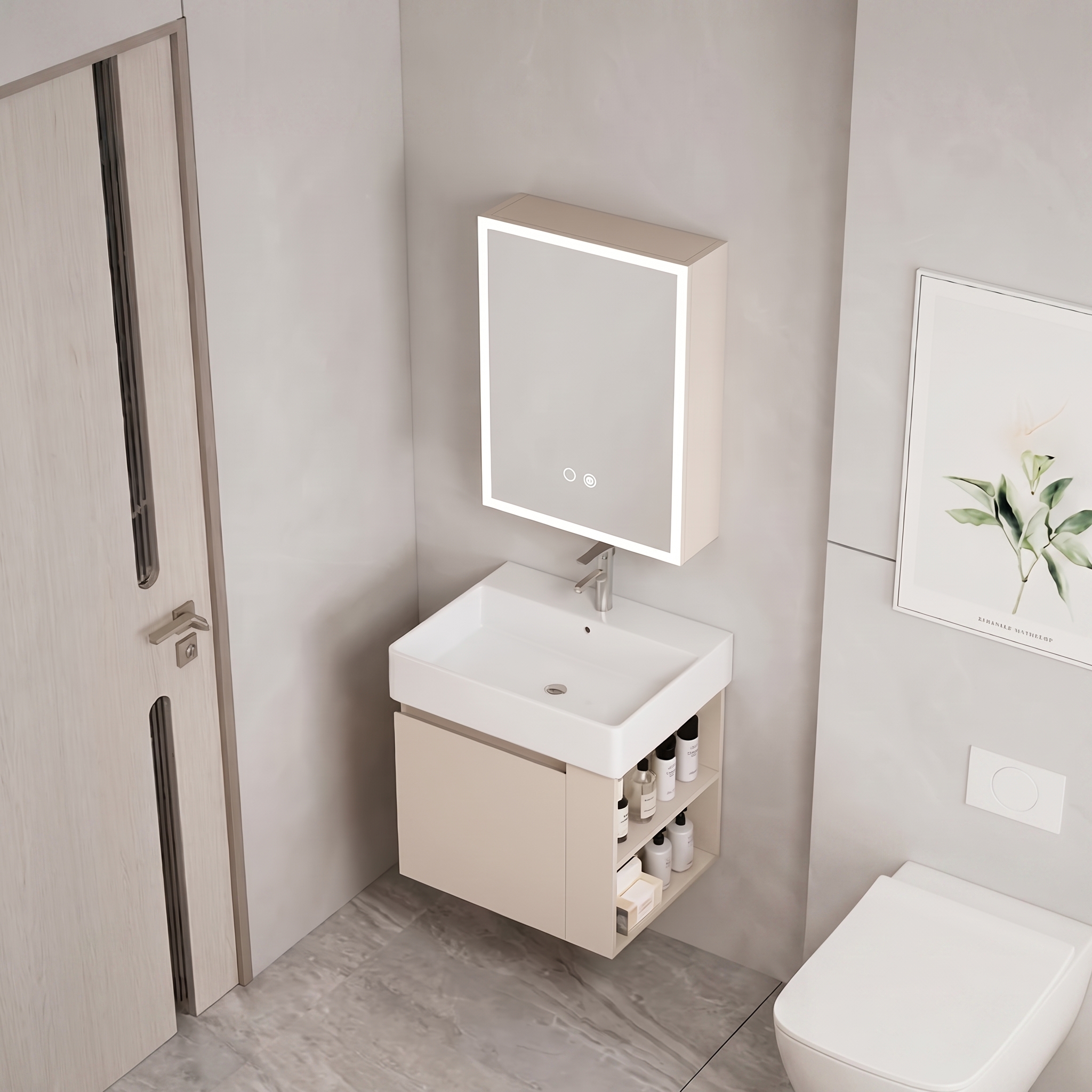 Pack Ensemble Meuble de Salle de Bain Suspendu avec Armoire Miroir LED - Modèle 2032 (Kaki)