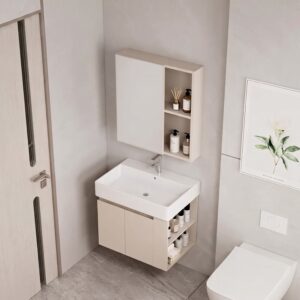 Ensemble Meuble de Salle de Bain Suspendu avec Armoire à Miroir et Étagères Ouvertes - Modèle 2032 (Kaki)