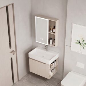 Ensemble Meuble de Salle de Bain Suspendu avec Armoire Miroir LED et Étagères Ouvertes - Modèle 2032 (Kaki)