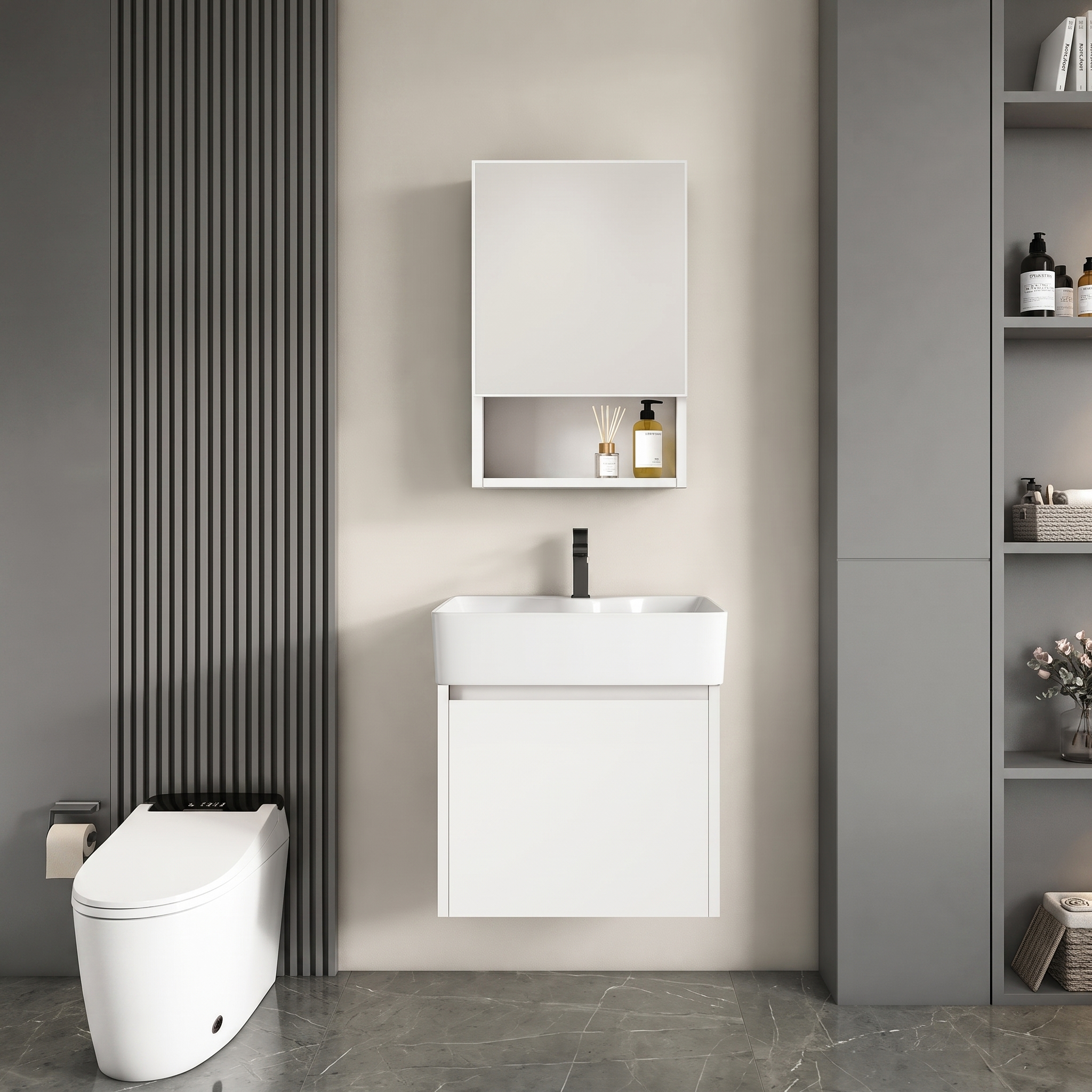 Ensemble Meuble de Salle de Bain Suspendu Minimaliste avec Armoire à Miroir - Modèle 2034 (Blanc)
