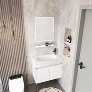 Ensemble Meuble de Salle de Bain Suspendu avec Miroir et Étagère Murale - Modèle 2034 (Blanc)