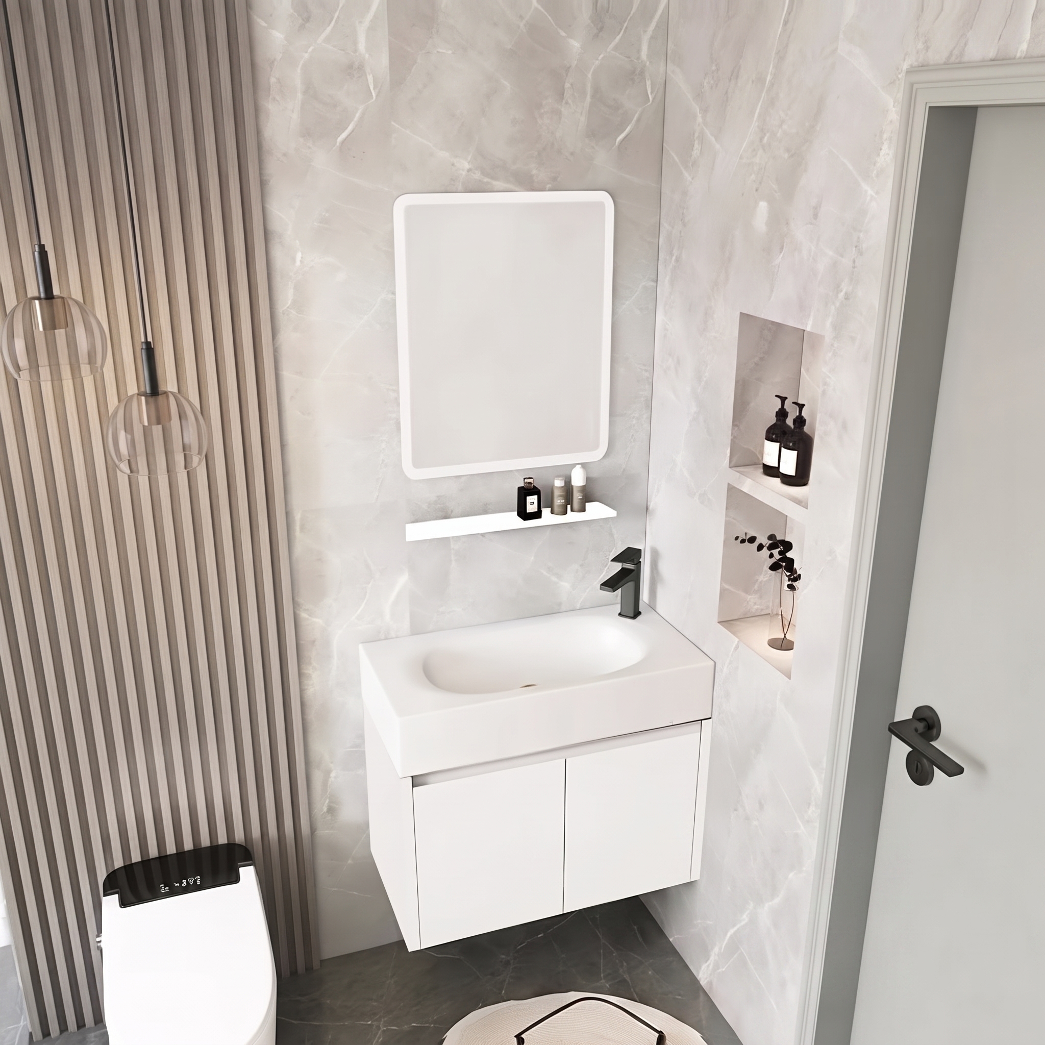 Pack Ensemble Meuble de Salle de Bain Suspendu avec Miroir et Étagère Murale - Modèle 2034 (Blanc)